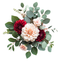 A beautiful arrangement of dahlia roses and eucalyptus leaves on a transparent background for elegant decoration, dahlia, rose and eucalyptus leaves transparent background png