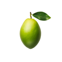 Fresh green mango with a single leaf on a clean transparent background, showcasing its vibrant color and natural beauty, green mango on transparent background png