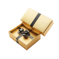 Elegant golden open gift box with a black ribbon and bow perfect for special occasions and celebrations, Gold open gift box isolated png