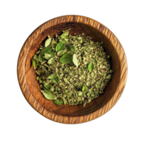 Oregano spice displayed in a wooden bowl on a clean transparent background for culinary use and decoration, Oregano spice in wood bowl on transparent background png