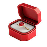 Elegant red ring displayed in a luxurious ring box on a minimalist transparent background, red ring box on transparent backgroundfile png
