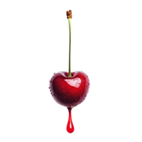 Juicy half ripe red cherry with juice dripping isolated on transparent background, half ripe red cherry with juice dripping isolated on transparent background png