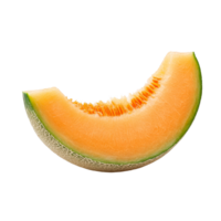 Freshly sliced cantaloupe melon isolated on a clean transparent background showcasing its vibrant orange flesh, slice cantaloupe melon on transparent background png