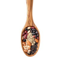 A wooden spoon filled with a colorful mix of beans and grains on a transparent background, grains mix beans in wood spoon on transparent background png