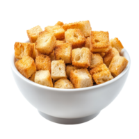 A bowl filled with crispy croutons isolated on a transparent background highlighting their golden brown color and crunchy texture, Crispy croutons in bowl isolated on transparent background Stock png