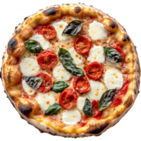 Delicious margherita pizza topped with fresh tomatoes and mozzarella cheese on a rustic wooden table, Isolated margherita pizza with tomato and cheese png