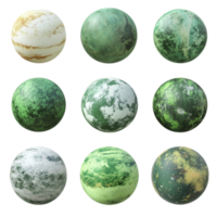 Fantasy celestial bodies with vibrant green planets in a cosmic arrangement under a mystical atmosphere, Set Green Planets, Fantasy Celestial Bodies with Unique Textures, Isolated on transparent png
