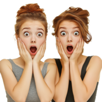 Two amazed young women showing shock and excitement with hands on their faces in a bright, playful setting, two amazed young women friends, file of isolated object on transparent background png