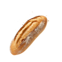 Freshly baked baguette with crumbs falling, isolated against a clean transparent background, Freshly Baked Baguette with Falling Crumbs Isolated on transparent background png