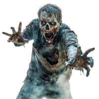 A terrifying zombie with a grotesque appearance reaching out menacingly on a stark transparent background, Scary Zombie Horror Concept on transparent background png