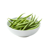 Fresh long beans or cowpeas displayed in a transparent bowl on a clean surface, ideal for healthy cooking or salads, Long bean or cowpea in transparent bowl isolated on transparent background png