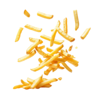 Flying French fries suspended in midair against a transparent background creating a playful visual effect, falling or flying French fries, potato fry isolated transparent background png