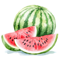 Freshly painted watercolor depiction of a watermelon with slices on a bright transparent background, Fresh watermelon fruit on a transparent background png