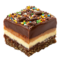 Delicious slice of Texas sheet cake topped with chocolate frosting and colorful sprinkles on a transparent background, texas sheet cake slice isolated on transparent background png