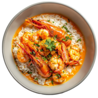 Delicious curry rice topped with fresh langoustines served in an isolated bowl, Isolated bowl of curry rice with langoustines png