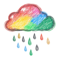 Hand drawn colorful cloud with raindrops in crayon art style, showcasing a playful representation of weather, Icon cloud with raindrops hand draw crayon isolated on transparent background png