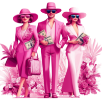 Wealthy pink characters holding money against a vibrant transparent background with floral elements, Pink Wealthy Characters with Money on transparent background png