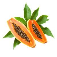 Fresh and ripe papaya fruit cut in half with seeds on green leaves isolated against a transparent background, ripe papaya fruit leaf with seeds isolated on transparent background png