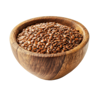 Flax seeds in a wooden bowl on a transparent background for healthy eating and nutrition, flax seeds in wood bowl isolated on transparent background png