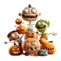 Scary Halloween cartoon characters with pumpkins celebrating Halloween on a transparent background, 3D Halloween scary cartoon characters on transparent background png