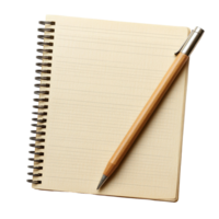 A spiralbound notebook with lined pages and a wooden pencil resting on transparent background, Paper sheet notebook with line on transparent backgroundfile png
