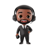 A cheerful black male call center character wearing a headset on a simple transparent background, 3D Black male call center character on transparent background png