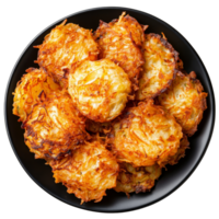 Crispy golden hash browns served on a black plate, viewed from above against a transparent background, Hash browns on black plate, top view, isolated transparent background png