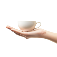 A hand extends outward, cradling a transparent cup in a delicate gesture against a plain background, Hand palm stretching out, cup shape, showing gesture, isolated on transparent background, png