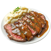 A delicious slice of panfried steak topped with rich gravy served alongside creamy mashed potatoes, slice of panfried steak, served with gravy and mashed potatoes isolated on transparent background png