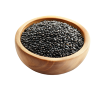 Black sesame seeds in a wooden bowl isolated on a transparent background for culinary use, black sesame isolated on transparent background png