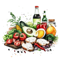 A colorful watercolor illustration of fresh vegetables, fruits, and condiments with a transparent background, Watercolor Christmas Cup Illustration on transparent background png