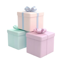 Three pastel gift boxes with bows arranged on a transparent background for a festive occasion, 3 Gift boxes 3d render pastel color isolated on transparent background png