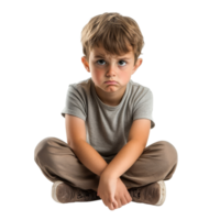 Sad boy sitting on the floor with crossed arms, expressing his frustration and discomfort in a bright, sad kid boy in a bad mood or sick and has problems, file of isolated object on transparent png