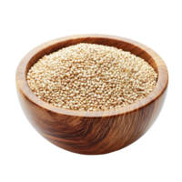 Quinoa seeds in a wooden bowl on a transparent background highlighting their natural texture and color, Quinoa seeds in wood bowl isolated on transparent background png