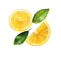 Fresh lemon and halfslice with green leaves, perfect for culinary uses and refreshing beverages, Lemon and cut half slice with leaf isolated on transparent background png