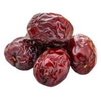 Dried jujube fruit, also known as Chinese red dates, resting on a transparent background showcasing their rich texture, Jujube Chinese dried red date fruit on transparent background png