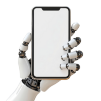 Robotic hand displaying a blank smartphone in a clean, isolated environment for design and technology concepts, Robotic Hand Holding Blank Smartphone Isolated on transparent background png