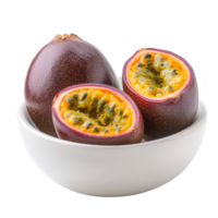 Fresh passion fruit in a transparent bowl isolated on a clean transparent background showcasing vibrant colors and textures, passion fruit in transparent bowl isolated on transparent background png