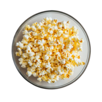 Freshly made popcorn served in a clear plate against a transparent background, perfect for sharing during movie nights, Popcorn in plate on transparent background png