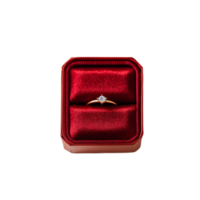 Elegant gold ring displayed in a red box with rose petals on a transparent background, perfect for special occasions, red box gold ring and rose petals on transparent background png