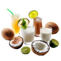 Assorted coconut drinks with fresh ingredients on a transparent background in a vibrant display, Assorted Coconut Drinks on transparent background png