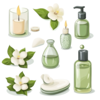 Isolated day spa elements featuring candles, oils, and flowers on a soft edaf background, day spa set, file of isolated object with shadow on transparent background png