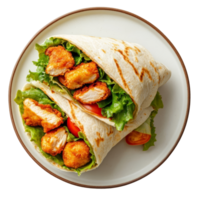 Crispy chicken wrap filled with fresh lettuce and tomatoes served on a round plate against a transparent background, Crispy Chicken Wrap on Plate transparent background png