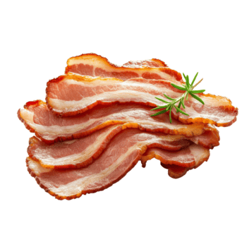 sottilmente affettato Bacon disposte ordinatamente su un' trasparente sfondo con un' rametto di rosmarino accentuando il presentazione, magro affettato Bacon isolato png