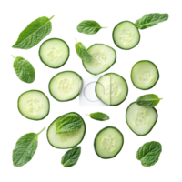 Fresh cucumber slices arranged with mint leaves isolated on a clean transparent background enhancing culinary and aesthetic appeal, cucumber slices with leaf isolated on transparent background png
