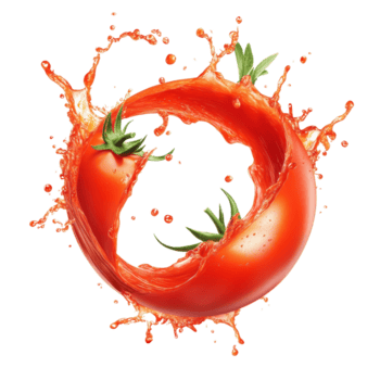 Fresh red tomato splashes into a circular formation with vibrant juice droplets captured in dynamic motion, Fresh tomato with juice splash in circle shape png