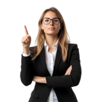 Confident businesswoman pointing upward in a sleek black suit against a clean transparent background, Confident Businesswoman Pointing Upward on transparent background png