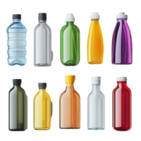 A collection of colorful liquid containers arranged on a transparent background for clean storage display, liquid clean container on transparent background png