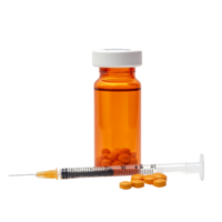 Amber medication bottle, yellow pills, and a syringe isolated on a transparent background in a medical context, pill and bottle and plastic syringe isolated on transparent background png