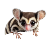 A curious sugar glider perched on a twig against a clean transparent background, displaying its charming features and stripes, Sugar Glider on transparent background png